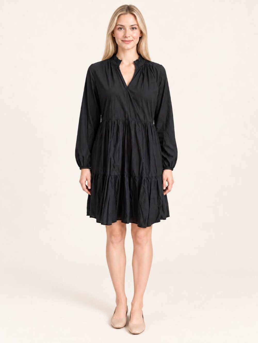 J.Crew Black 100% Cotton V-Neck Long Sleeve A-Line Short Dress XS Style L6060